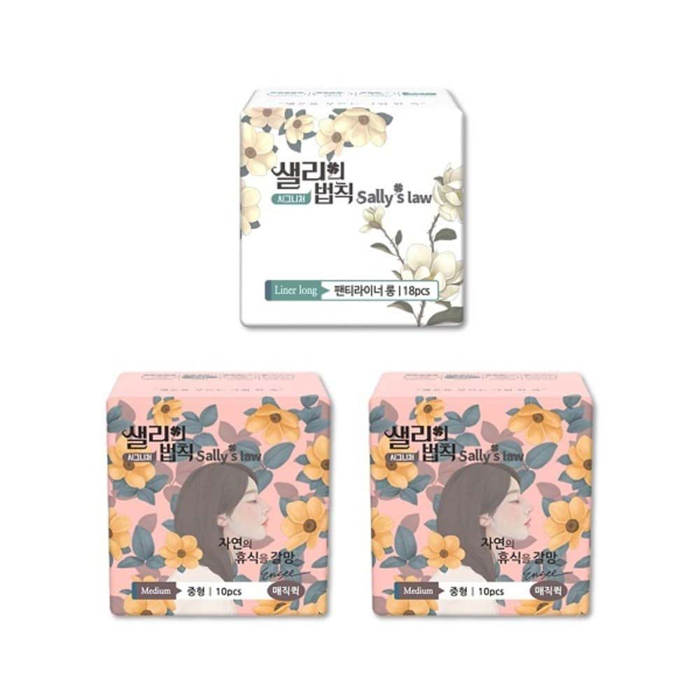 [SALLY'S LAW] Sanitary Pads Signiture Magic Quick Medium 2packs+Panty liner 1pack - 100% PLA Cover, Cushioned comfort, Eucalyptus Scent - Made in Korea